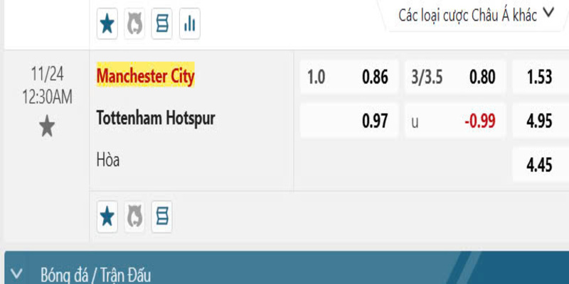 Minh hoạ về bảng tỷ lệ cho trận đấu giữa Man City vs Tottenham